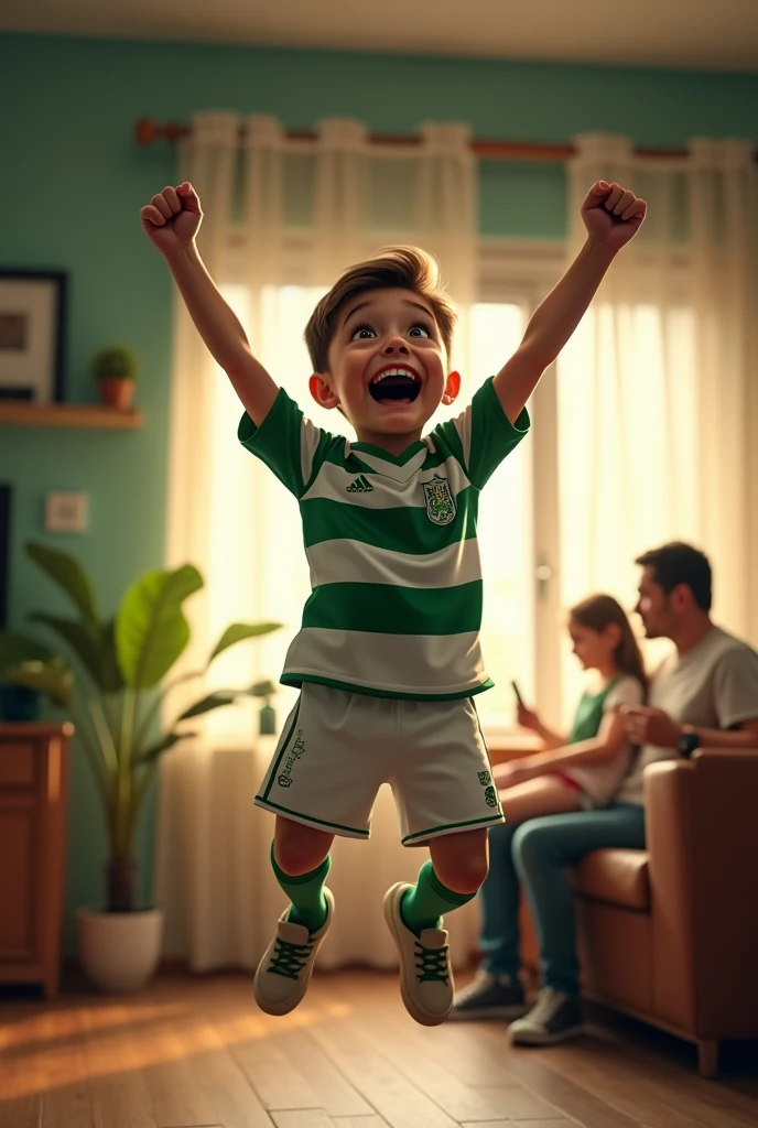 Make me a young Palmeiras fan celebrating a goal at home