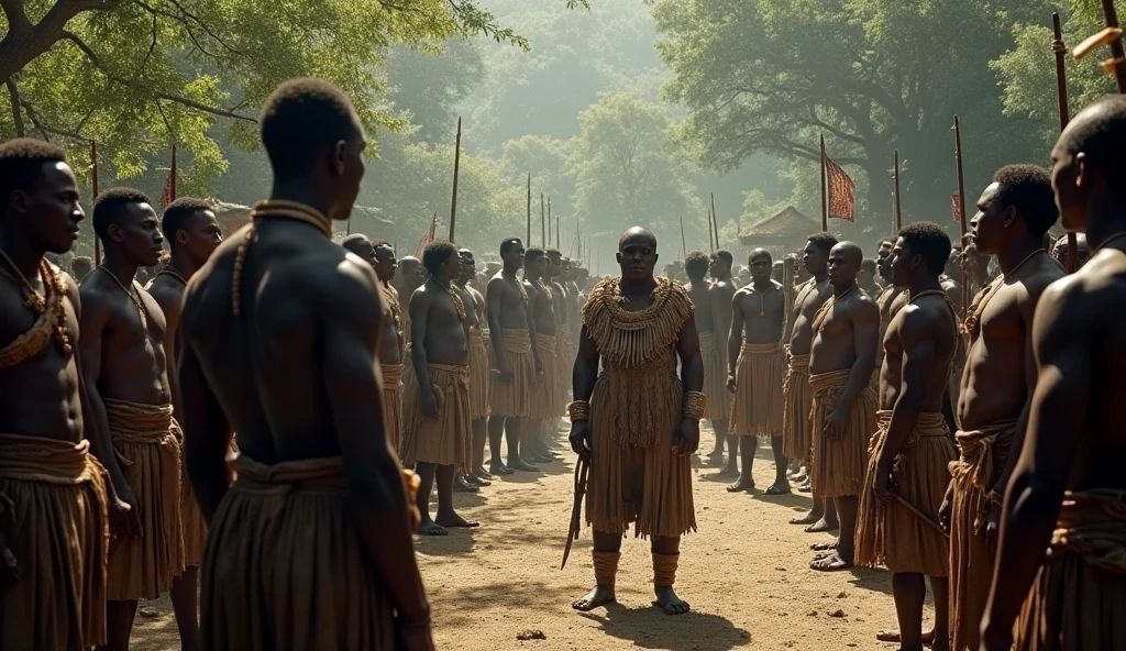 Depict a powerful and ominous scene set in the deep, untamed heart of Africa during the late 1790s. A group of strong and fierce African warriors, dressed in traditional tribal attire with weapons in hand, stand in formation before the elder chief of the Shagua tribe in Zimbabwe. The warriors are tall, muscular, and exude a sense of unyielding strength and resolve. The elder chief, dressed in ceremonial garments adorned with feathers and bones, gazes at the warriors with a solemn expression, acknowledging their readiness. The surrounding village is cloaked in the shadows of the dense jungle, adding to the sense of foreboding as the warriors prepare for what lies ahead.
