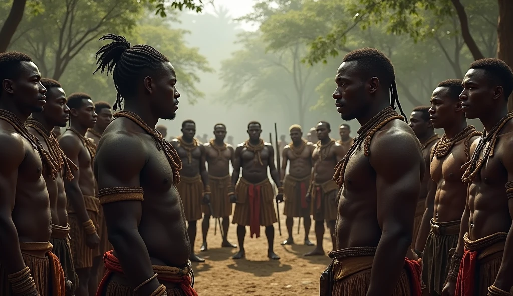 Depict a powerful and ominous scene set in the deep, untamed heart of Africa during the late 1790s. A group of strong and fierce African warriors, dressed in traditional tribal attire with weapons in hand, stand in formation before the elder chief of the Shagua tribe in Zimbabwe. The warriors are tall, muscular, and exude a sense of unyielding strength and resolve. The elder chief, dressed in ceremonial garments adorned with feathers and bones, gazes at the warriors with a solemn expression, acknowledging their readiness. The surrounding village is cloaked in the shadows of the dense jungle, adding to the sense of foreboding as the warriors prepare for what lies ahead.