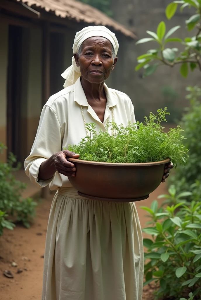 An elderly Black woman wearing a white blouse and skirt, with a white cloth on her head, holding a basin full of herbs in a humble dirt yard.