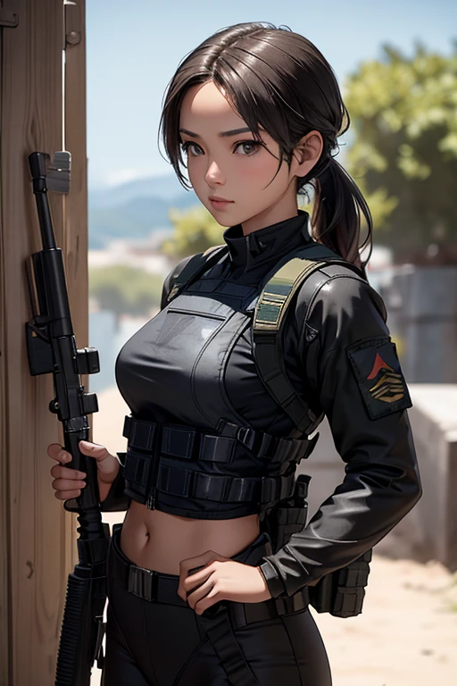 Dressed in black with a rifle、Woman wearing headphones, 24-year-old female, Filipina woman, Sun-kissed bronze skin, Soldier Girl, mechanized Soldier Girl, Military Girl, Beautiful female soldier, Female protagonist, Infantry Girl, Sniper girl in war, Female solo character, Future Combat Gear, Close-up shot of half body, A woman wearing a cropped military bulletproof vest, Showing your belly button, Quiet from Metal Gear Solid V, Wearing tactical gear, Dressed in tactical armor
