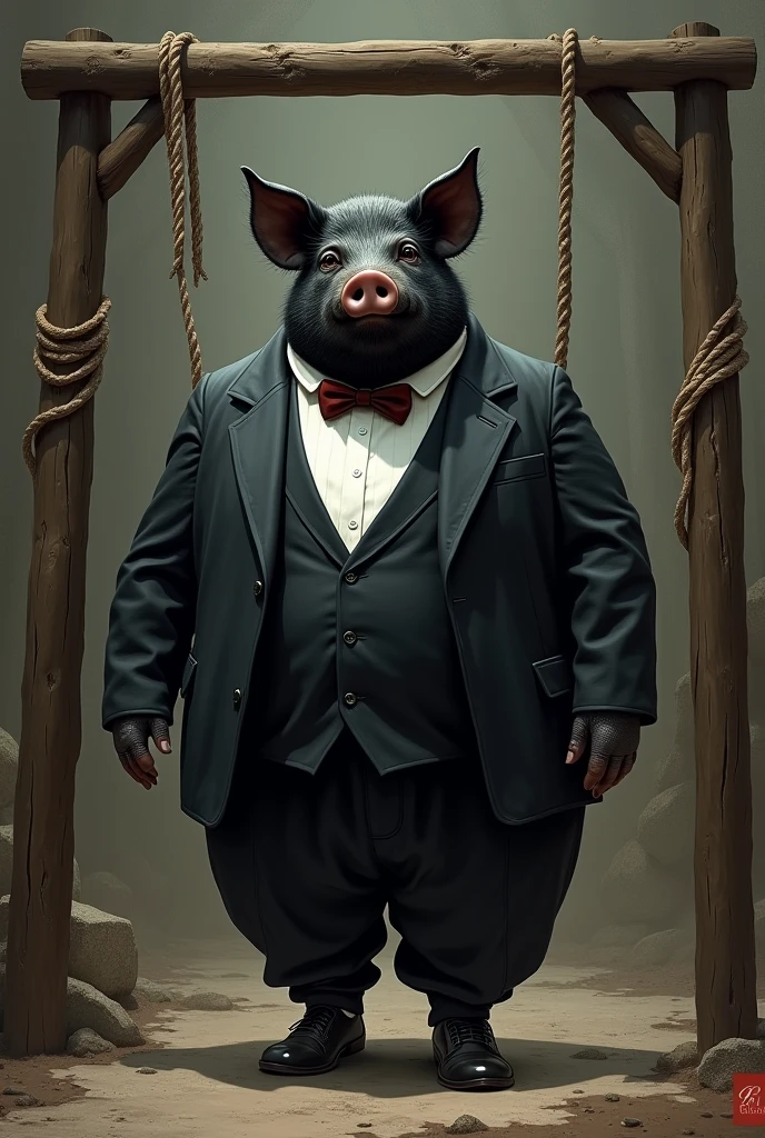 Fat black pig in a formal suit, being taken to the gallows