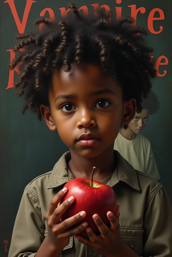 A brown boy with darker skin with curly hair with an apple and in the background a vampire boy textbook cover "a vampire in love" realist ager