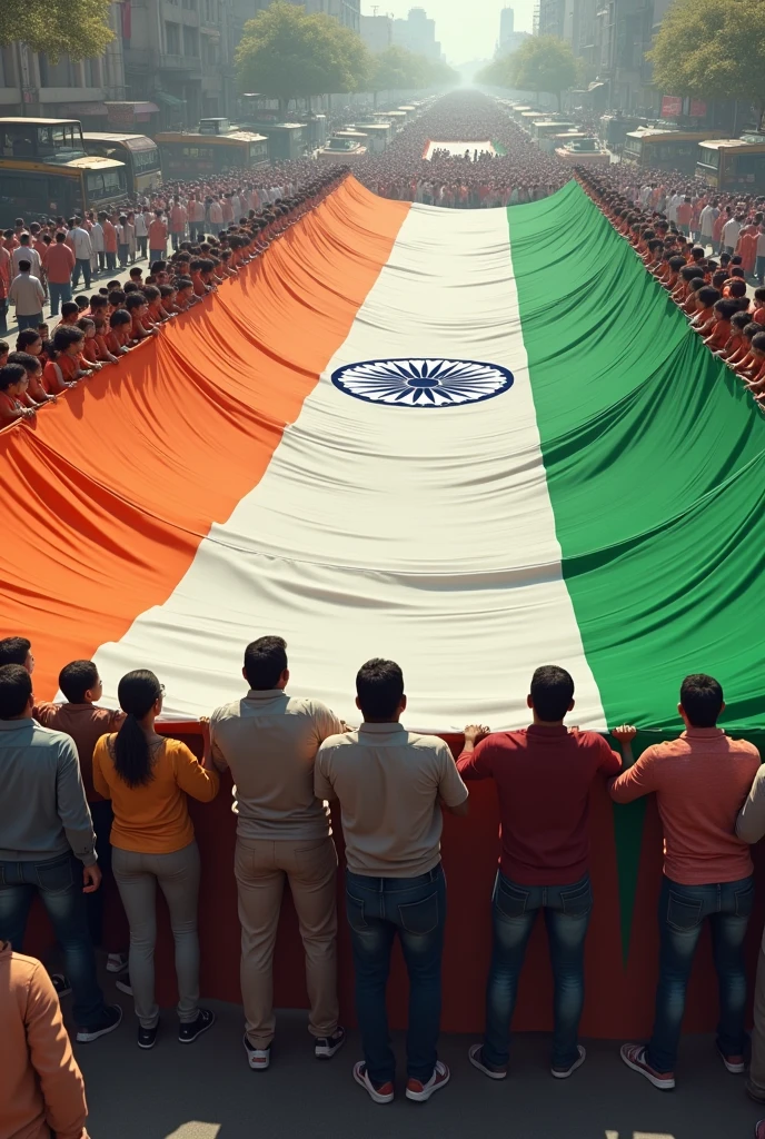 An Indian flag of 78 meters is being held together by everyone Everyone is dragging him along the road