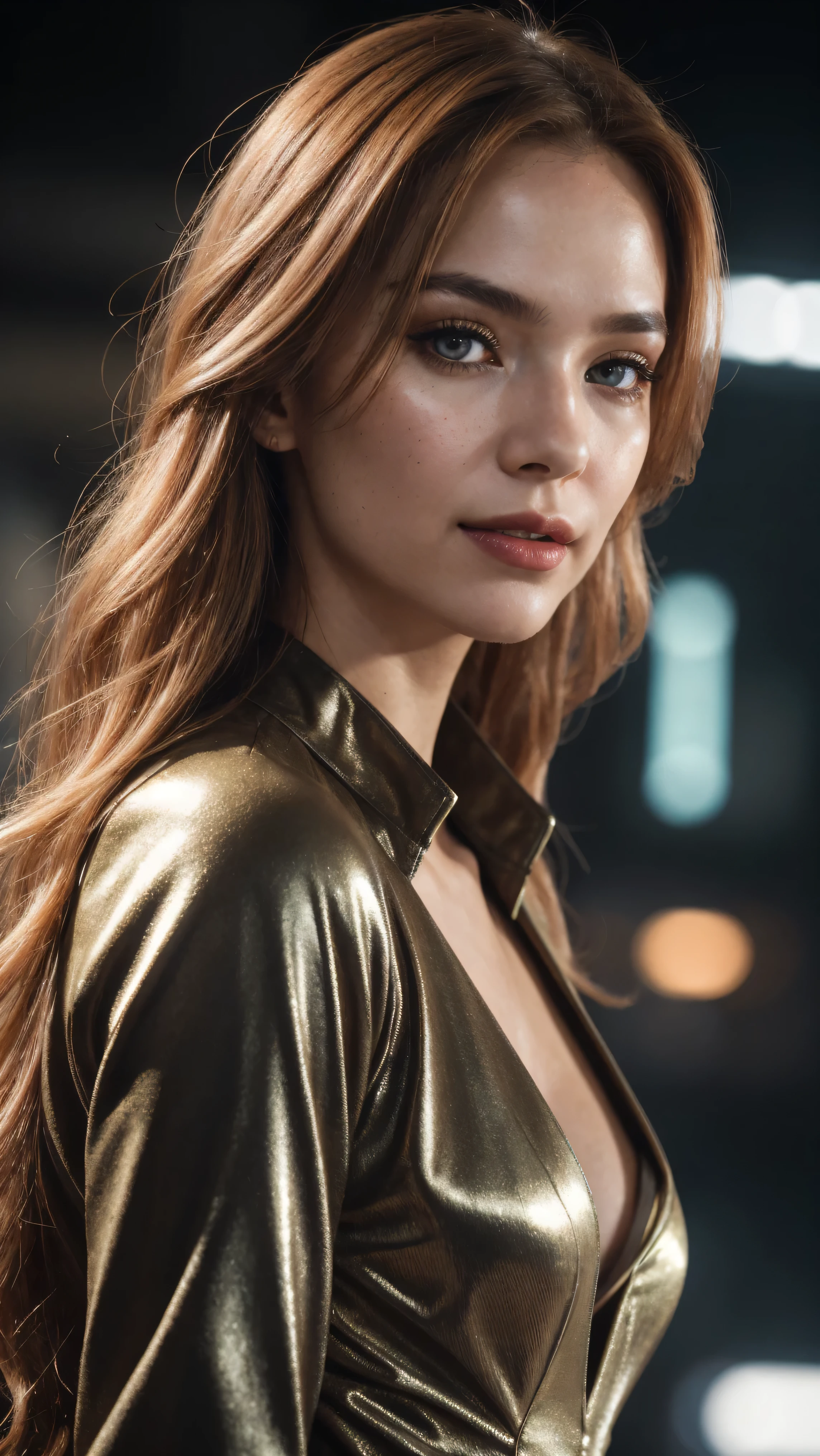 a woman with red hair, hyper-realistic skin, shiny/glossy, modern jewelry, gongbi, portraiture, dark teal and light gold, tropical landscapes, Face portrait photo oF a 21 Year-old German woman, .raw, beautiFul woman, half strawberry lips, strawberry lipstick, Fossettes, big breast, realistic close-up, cheesy smile, high heels, nostalgic look, detailed light brown eyes, great student, thin eyelashes, (Brown extra long blond hair), ((detailed Face)), ((detailed Facial Features and skin texture)), (Finely detailed skin), light brown skin, (Deep neckline detailing high-tech cyberpunk dress), Cyberpunk big city environment, (cold colors), moist, moist, reFlections, (masterpiece) (height ratio / perfect width) (photo realist) (best quality) (detailed) Shot with Canon EOS R5, ObjectiF 50mm, F/2.8, human development report, (8k) (wallpaper) (light) (Dramatic Light) (sharp focus) (complicated), sharp details, skin detail sharpness, 