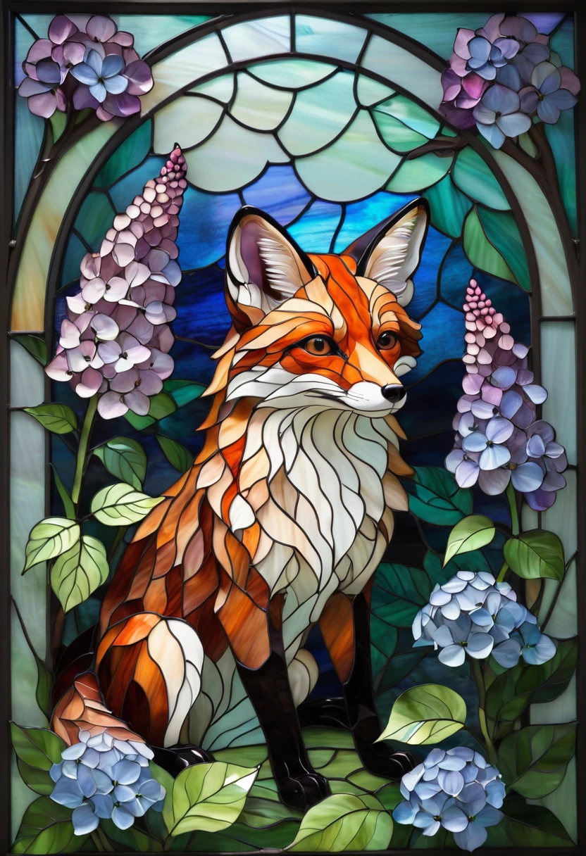 Beautiful stained glass artwork of a fox sitting in a garden of hydrangeas, stained glass, fox, hydrangeas, art