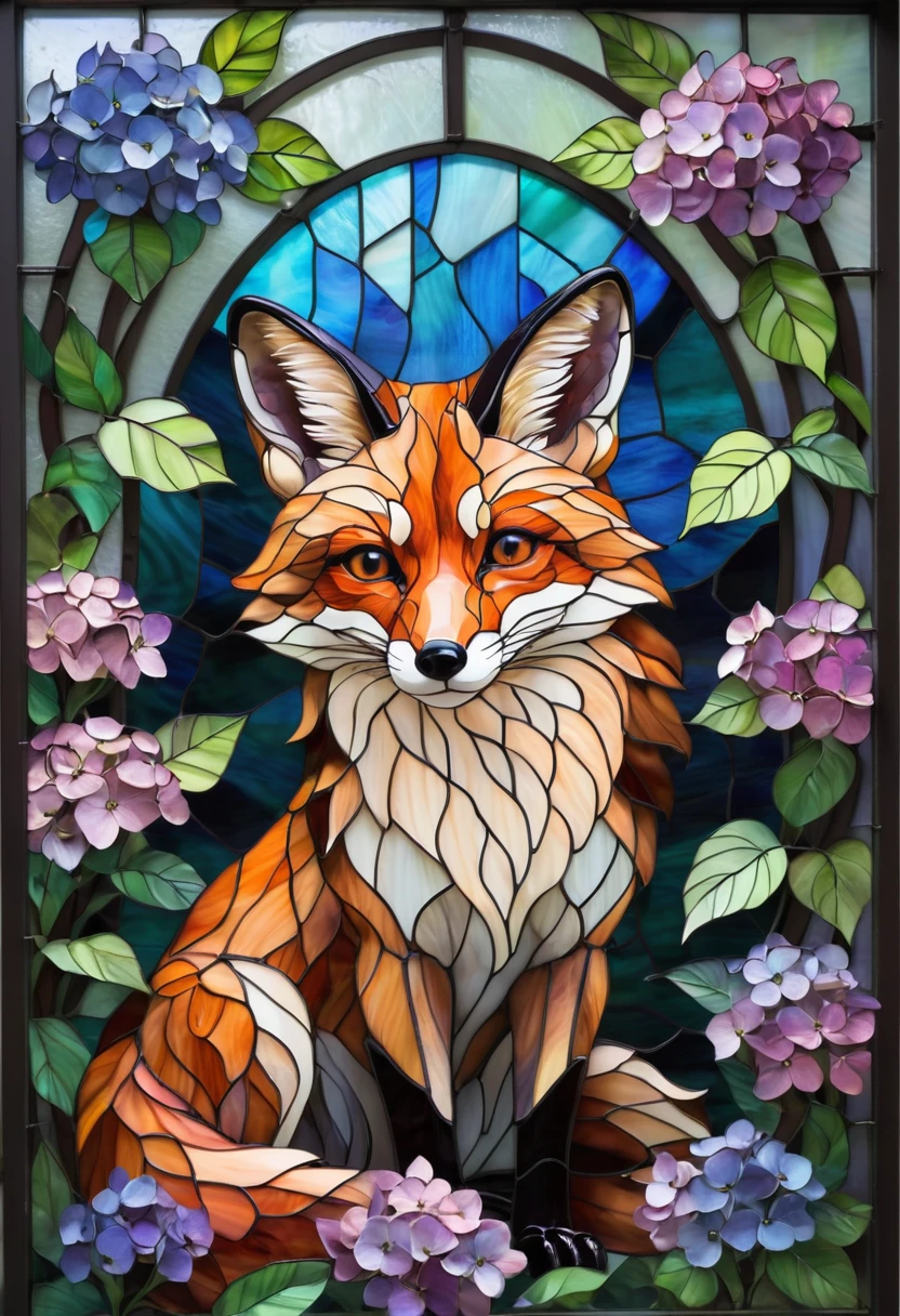 Beautiful stained glass artwork of a fox sitting in a garden of hydrangeas, stained glass, fox, hydrangeas, art