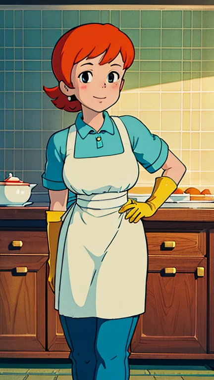 (1girl, solo, highly insanely detailed, masterpiece, top quality, best quality, highres, 4k, 8k, RAW photo),((innocent look)),((Childish)),From the front, symmetrical composition,smile,cute,Innocent,Kind eyes,Flat chest, ghibli style,kitchen, interior, (dextersmom), large breasts, gloves, apron, jewelry, pants, shirt, orange hair,