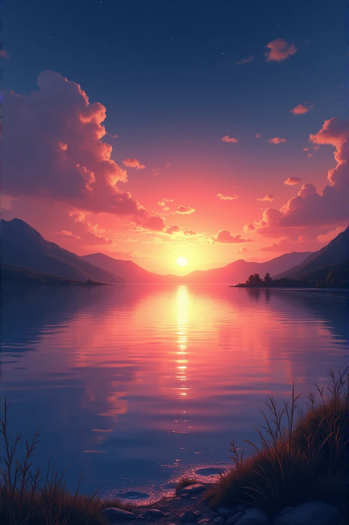 breathtaking sunrise over a tranquil lake, with a subtle starry sky in the background. 