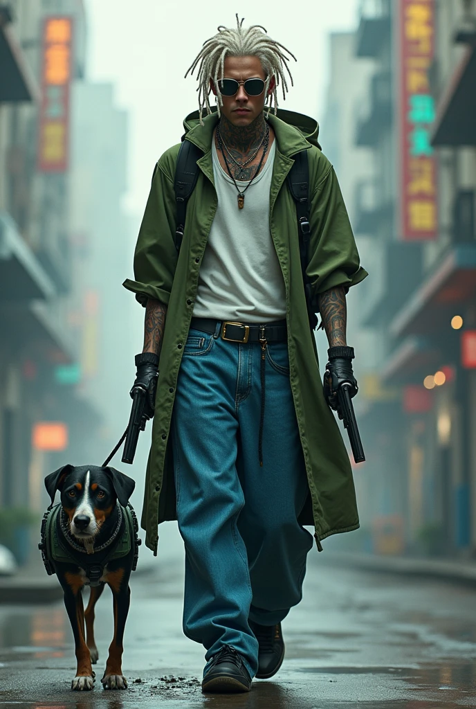 Create a cyberpunk-style man with human and robotic parts wearing reading glasses, headphone, dreadlock brancos, blue wide leg jeans, White tank top, green coat, a pair of black sneakers and tattoos. Atlético with a backpack on his back and carrying pistols, accompanied by a dog with robotic parts
