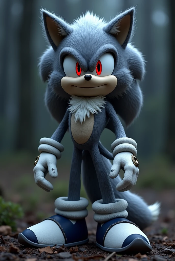 a gray wolf character from sonic the hedgehog, arrow in stomach, red eyes, white gloves, dark blue and white shoes, smiling