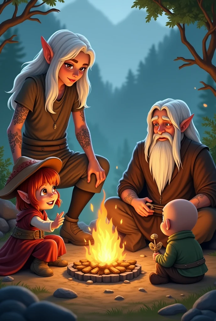 tall elf with white hair and brown eyes, with peasant clothes next to a little elf girl with short red hair and bangs, golden eyes and pointy ears, wearing a mushroom hat, clerical robes with details, alongside them a human wizard with long white hair and a magic sword and next to him a bald human monk boy with tattoos on his arms, I want all four eating around a campfire and only them