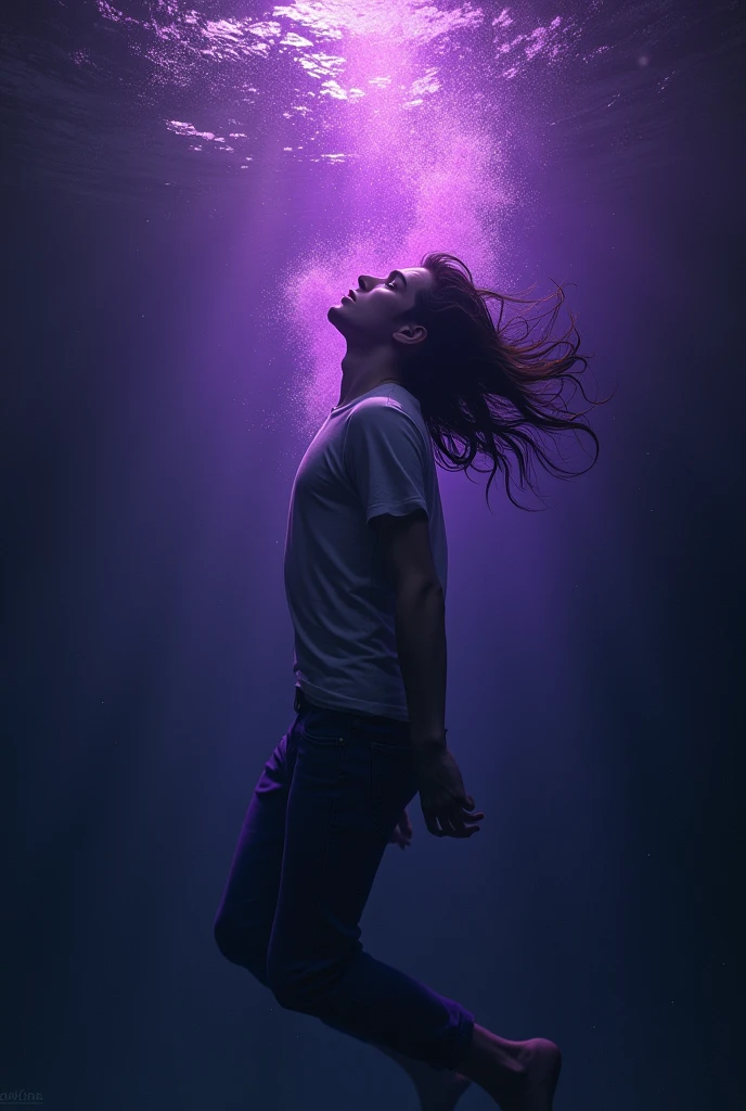 Male teen wearing clothes with long dark brown hair with details, drowning, Suffocating, full body underwater, purple lights around, by Alena Aenami, best qualityer, work of art, very aesthetic, perfect composition, details Intricate, Ultra-detailed INFO