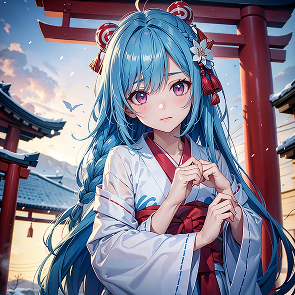 (Tying her sky blue hair into a single braid),(Pink Eyes),Fair skin,whole body,alone,Snowy Night,Drawing a fortune at a temple,torii,Shrine maiden、masterpiece, Highest quality, Very detailed, Best Shadow,Detailed Background,Beautifully detailed face,High Contrast,Best lighting, Very delicate and beautiful,Cinematic Light,Hyper Detail,8k,Dramatic Light,Exquisite detail,