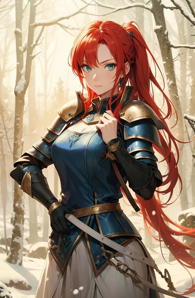 a beautiful young redhead medieval girl warrior in blue armor, light armor, red hair, hair tied in a ponytail, green eyes, slender body, beautiful woman, snowy background, snowy forest in the background, full body , long skirt ,