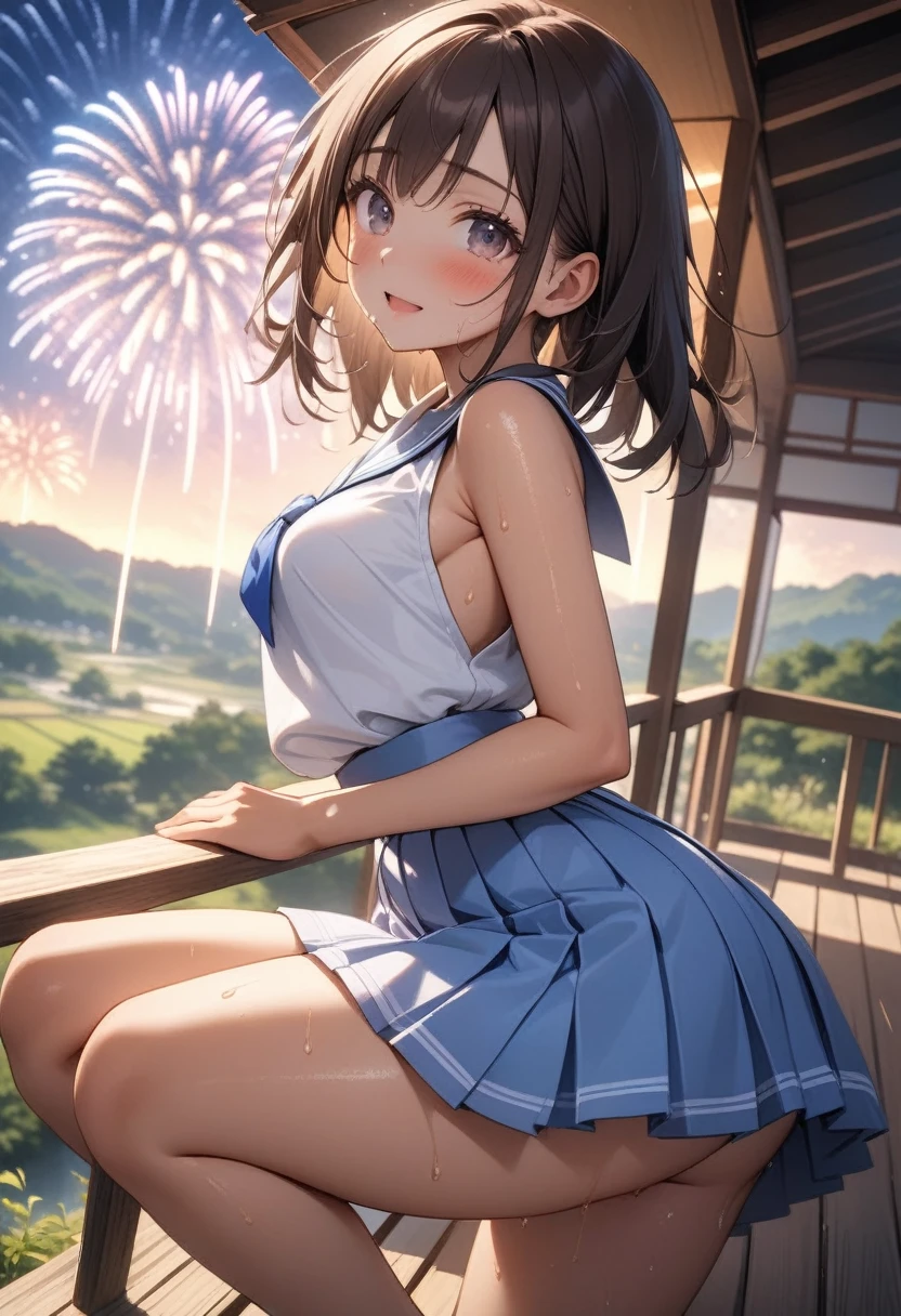 ((There are lots of beautiful fireworks in the distance)), (((A woman playing in midsummer in Japan))), (((Wearing high school uniform, pleated skirt))), ((Shiny Costumes)), skindentation, skinny, solo, 1 woman, Masterpiece, highest quality, highest quality, 16K, incredibly absurd, highly detailed, 2.5D, ai-generated, delicate and dynamic, very delicate facial expressions, delicate eye depiction, erotic, only sexy woman, ((A cute and kind face)), healthy figure, ((25-year-old woman)), 160cm tall, medium firm swaying bust, Dark Hair, blush, Sweat,Embarrassed,sexy, ((thin thighs)), shiny and lustrous, facing straight at viewer, (((in heat))), ((Oily_skin)), ((Lots of sweat)), (((Brown Skin))), ((dutch angle)), ((erotic pose)), ((On a hot summer afternoon on a bank in the Japanese countryside)),, (((Very dynamic pose))), ((Watching the fireworks from a veranda)),