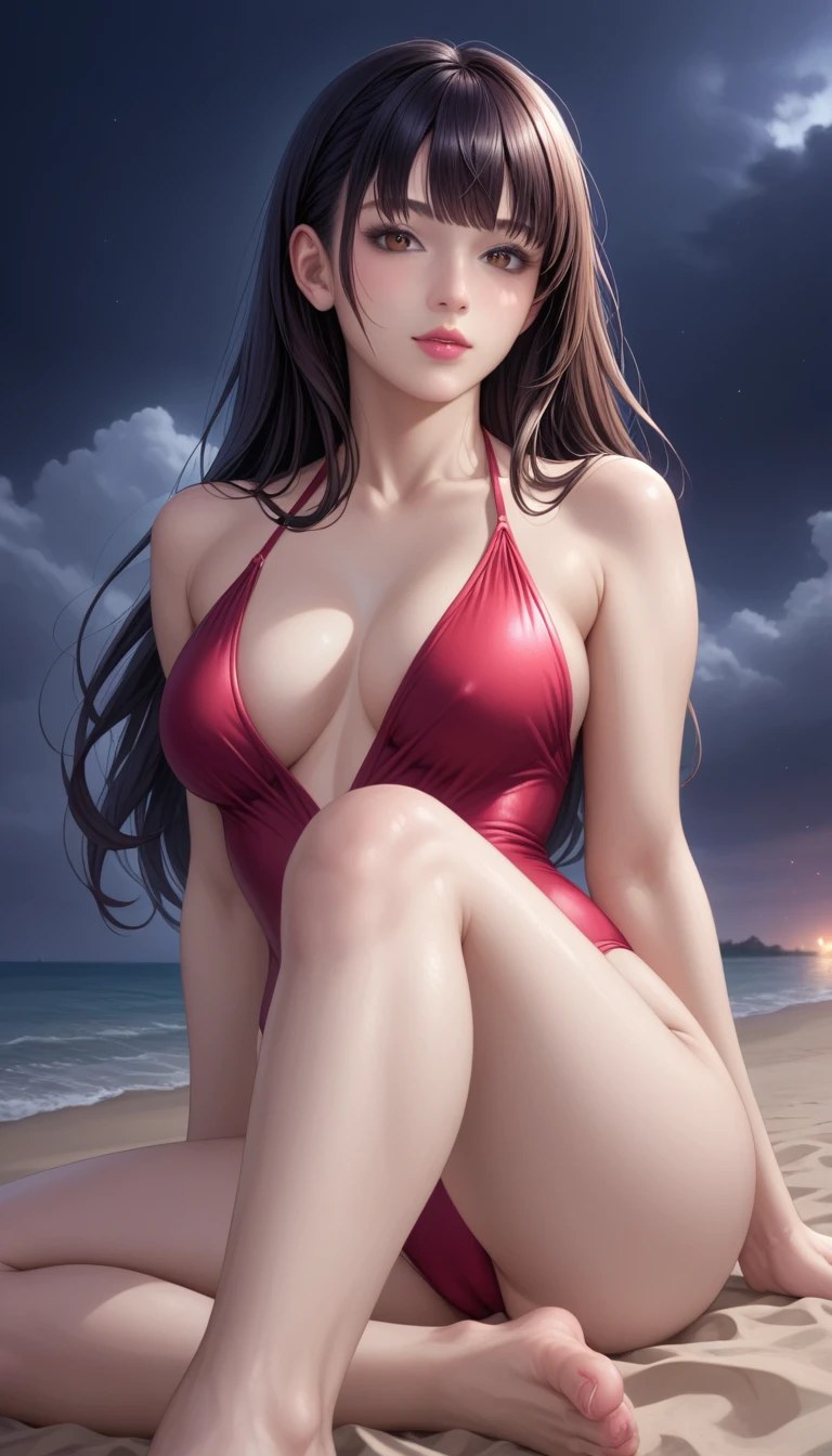 score_9, score_8_superior, score_7_superior, High-resolution CG illustration,A masterpiece in 32K resolution,Highest quality,it is really amazing,Very detailed,Ultra-high resolution,Ultra-realistic,Realistic,Increased depth of field,Cinematic lighting,
Sexy mature Japan woman,
Straight long hair with black hair,Ultra-detailed and beautiful face,Calm and gentle look,Beautiful brown eyes,Translucent white skin,Realistic skin texture,Great proportions,
Elegant red swimsuit,
Simple design,Chic color scheme based on red,Detailed fabric texture,
(Dark overcast sky on a dull night:1.1),(Dark clouds filling the sky:1.1),Thundercloud,Coastline at night,Stormy seas,delay々A desolate sandy beach that continues,
(Sitting with my feet stretched out on the sand:1.2),High angle,
