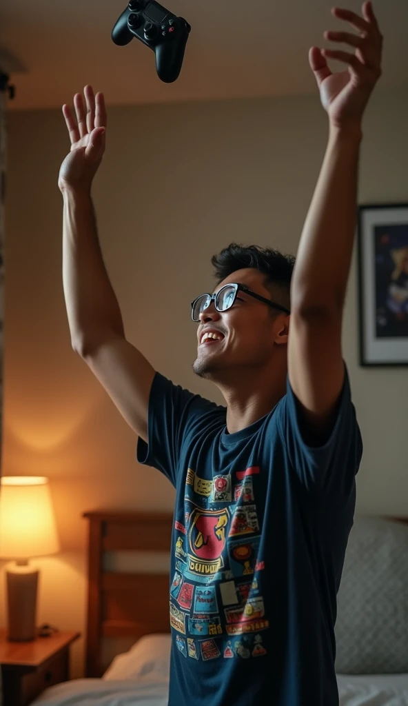 photorealistic, best quality, masterpiece, extremely detailed, ((side view)), 30 year old filipino man, no facial hair, glasses, wearing 8bit graphic tshirt, throws a video game console controller up into midair, both arms in the air, celebrating, sitting on couch, in masculine bedroom, movie posters on the wall, extremely romantic atmosphere, perfect face, perfect fingers, perfect hands, perfection