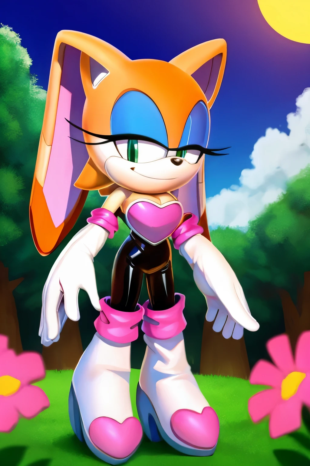 Cream the Rabbit, (Rouge Cosplay) 1 girl, solo, smile, green eyes, beautiful detail blue eyes, half-close eyes, bare shoulders, animal nose, black rubber bodysuit, pink heart on chest, cleavage, white elbow gloves, white knee-high boots, no batwing, standing up , filled with trees and flowers, sunset, Masterpiece, 2D flat illustration, high quality