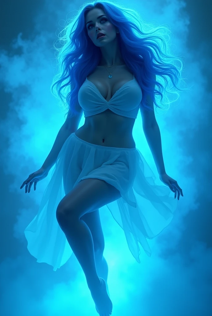 Make me a full-bodied woman who has blue hair and bright blue eyes and who is floating while behind her there is a blue glow