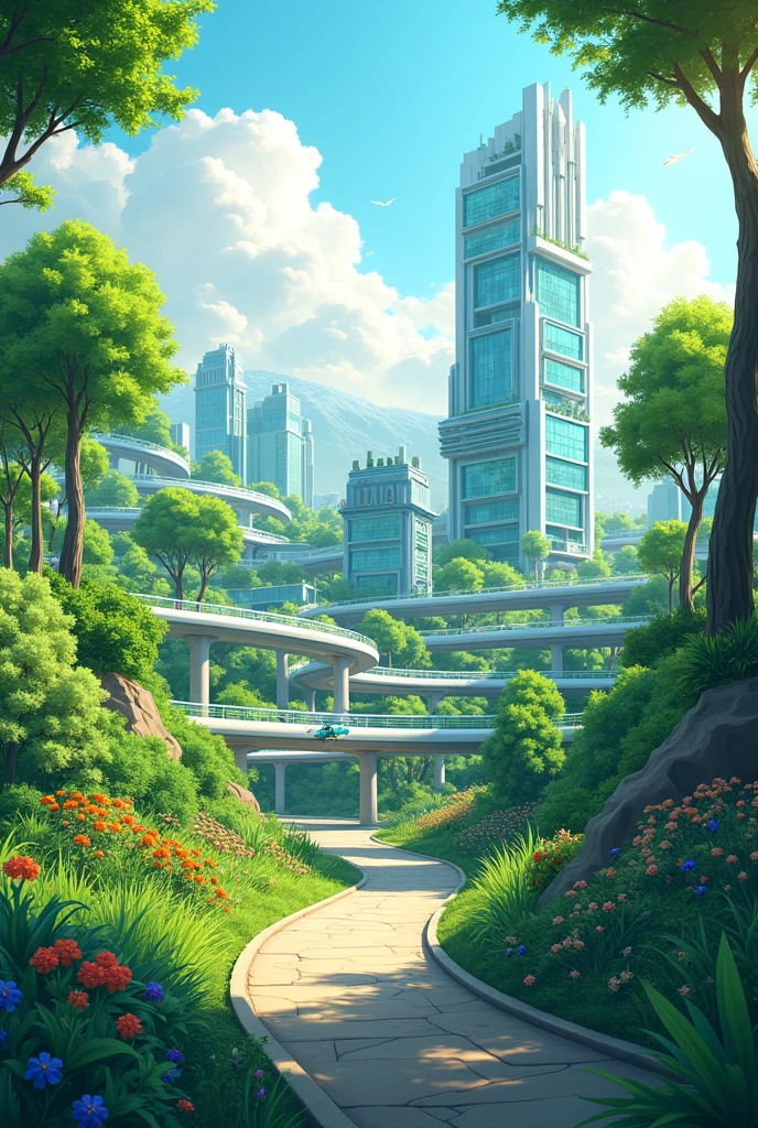 Make me an illustration of colored drawing for my project. The topic is "what you think is our future environment?" I like you to create a balanced environment where there's a trees, plants, a good environment, with a building, roads, a sustainable transportation that doesn't destroy the environment.