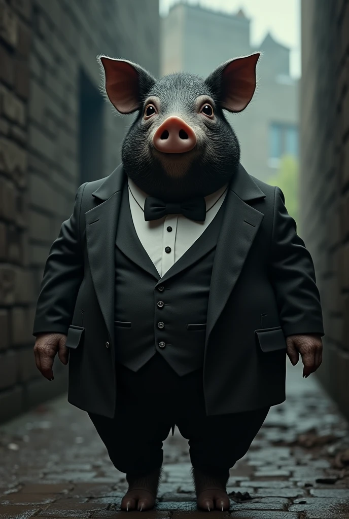 Fat black pig in a formal suit, being taken to the gallows