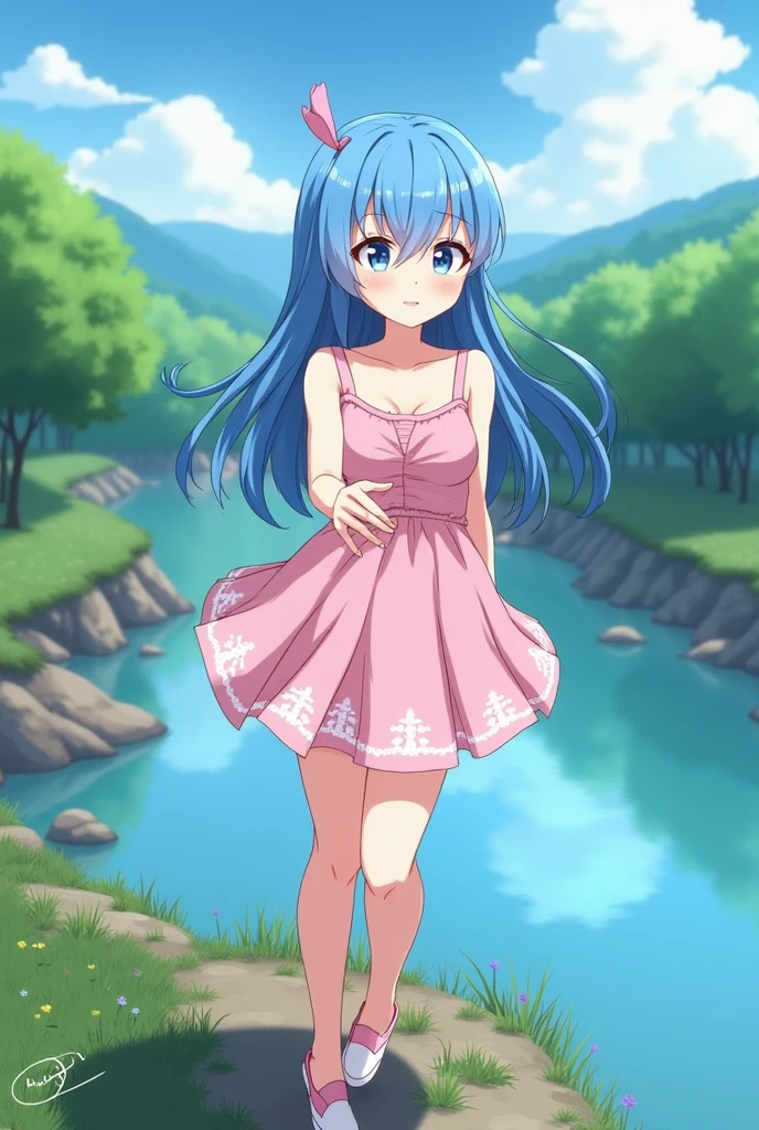An anime girl with blue hair is near a river. While playing with her friends, she takes a chance to come over here and show off her breasts.、Remember to draw her in a cute way with high resolution and high quality