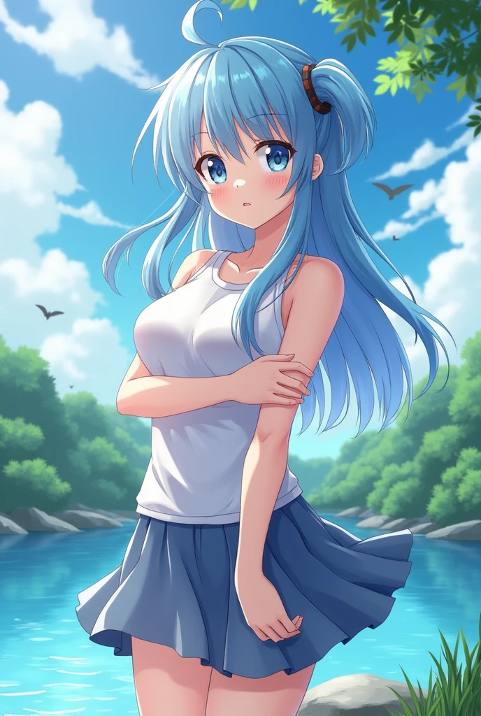 An anime girl with blue hair is near a river. While playing with her friends, she takes a chance to come over here and show off her breasts.、Remember to draw her in a cute way with high resolution and high quality