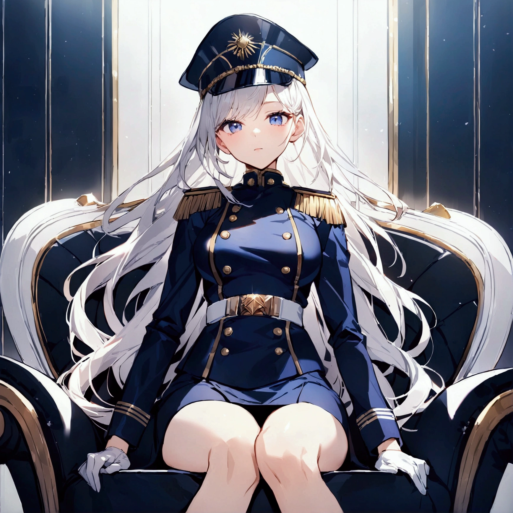 Office background, Military uniform, dark blue uniform, white glove, military cap, 1girl, white hair, shining hair, medium breast, sitting on couch, facing viewer,