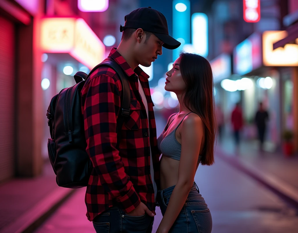 Hyper realistic, a 28 year old Indonesia man walking on the neon cyberpunk street, ideal body, look straight ahead, wearing dark red flannel shirt and dark ripped jeans pants and black hiking hi-shoes with black backward trucker hat, wear dark leather backpack, wear headphone, masculine photoshoot pose, arrogant man expression, together with his beautiful girlfriend with long hair and dressed summer clothes, romantic, Bandung night town as background. Use soft photography lighting. top lighting. top lighting, slide lighting, high quality photos, UHD, 64k. shot with Canon EOS 5D Mark IV, cinematic portrait, Realistic face, not changing face, no mustache, Real photo, unchanging face, background change. Real Picture 8k ultra, man, gamer, hyper detailed, sharp focus, studio photo, intricate details, highly detailed, photo real, bright colors, digital graphics, unreal engine, blender art, perfect composition, octane rendering, masterpiece, sharp focus, high detail, art station, concept art, perfect composition, a model of ultra-high quality and clarity, perfect play of light and shadow, 32k UHD, hyper-detailing, complex artistic masterpiece, ((best quality)), ((masterpiece)), (detailed), perfect face