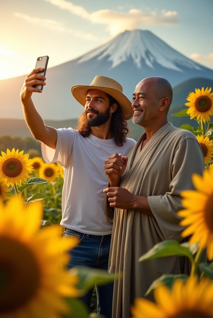 Viewed diagonally from above. Jesus Christ and a Japanese man are waving to Mt. Fuji. They look wise and wise and laugh happily. Their faces convey deep wisdom and empathy, exuding warmth and understanding. They are wearing white T-shirts, jeans, and straw hats. Jesus of Nazareth is depicted as a gentle, gentle man with shoulder-length hair. His wavy brown hair flows over his shoulders. The Japanese man's face shows deep wisdom and empathy, and he is depicted as a kind-hearted Japanese man with a Buddha-like shaved head and a calm and cheerful expression. they are shining. A rainbow hangs over the blue sky. Photography, close-up, highly detailed, trending at the art station, sharp focus, studio shot, intricate details, Greg Rutkowski,