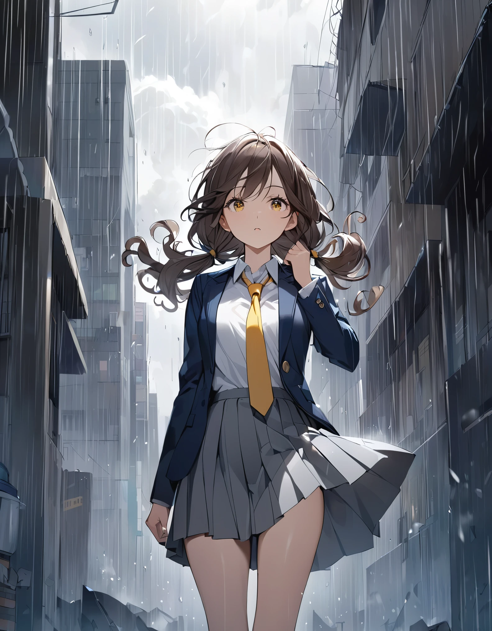 Top quality illustrations, One beautiful girl, Cowboy Shot、Kind eyes、Dark brown hair、short hair、Wavy Hair、Curly Hair、Low twin tails、Short pigtails、school uniform,{Dark Blue Blazer、White shirt、Yellow tie、Grey pleated skirt, nidi length skirt}、sideways rain、Heavy Rain、storm、Strong winds、Gloomy sky、((skirt wind lift))、I can see her panties、Striped panties