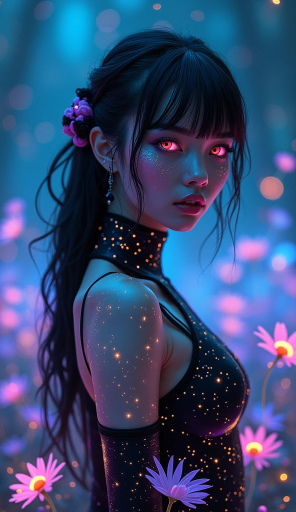 Futuristic, Glowing otherworldly woman, Neon Black Features. Her eyes and hair radiate brilliance, Dark glow, Blend seamlessly with your surroundings. Stage is a magical digital forest, Holographic plants and flowers pulsate with soft light, Ethereal black light. Her skin is slightly reflective, Constellation-inspired shimmering patterns. She stands gracefully among glowing plants, Her expression is serene and curious, Embodies the mystique of a cyber fairy in a surreal form, Neon illuminated landscape."

 