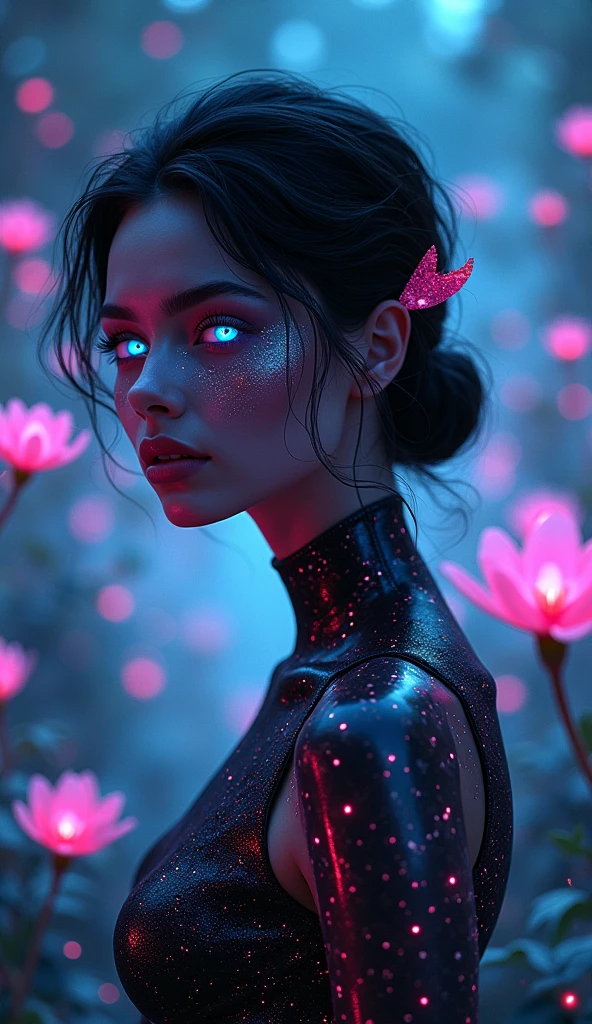 Futuristic, Glowing otherworldly woman, Neon Black Features. Her eyes and hair radiate brilliance, Dark glow, Blend seamlessly with your surroundings. Stage is a magical digital forest, Holographic plants and flowers pulsate with soft light, Ethereal black light. Her skin is slightly reflective, Constellation-inspired shimmering patterns. She stands gracefully among glowing plants, Her expression is serene and curious, Embodies the mystique of a cyber fairy in a surreal form, Neon illuminated landscape."