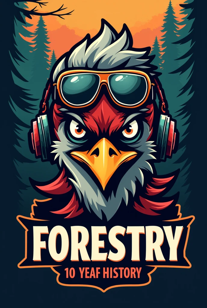 A cartoon illustration of a woodpecker's face, with an aggressive visual, wearing aviator sunglasses, e headphones, to be used as a vest patch for a forestry engineering athletic team. Put trees in the background and make an illustration in darker tones. The illustration must contain the writing "Forestry" above the woodpecker, and the writing "10 years of History" below the woodpecker