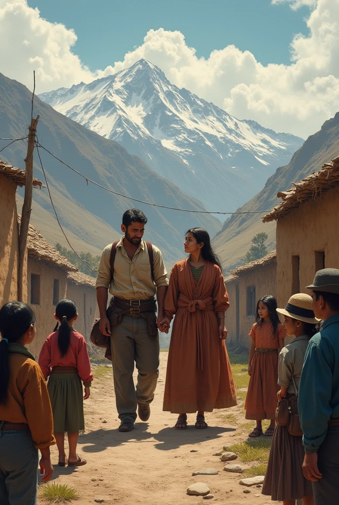 Make a picture about A couple starts offering to help the most needy in the town, Peruvian Sierra 1890