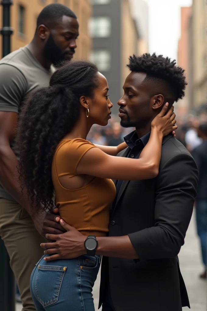 A black man appears and sees a black woman and a black man kissing 
