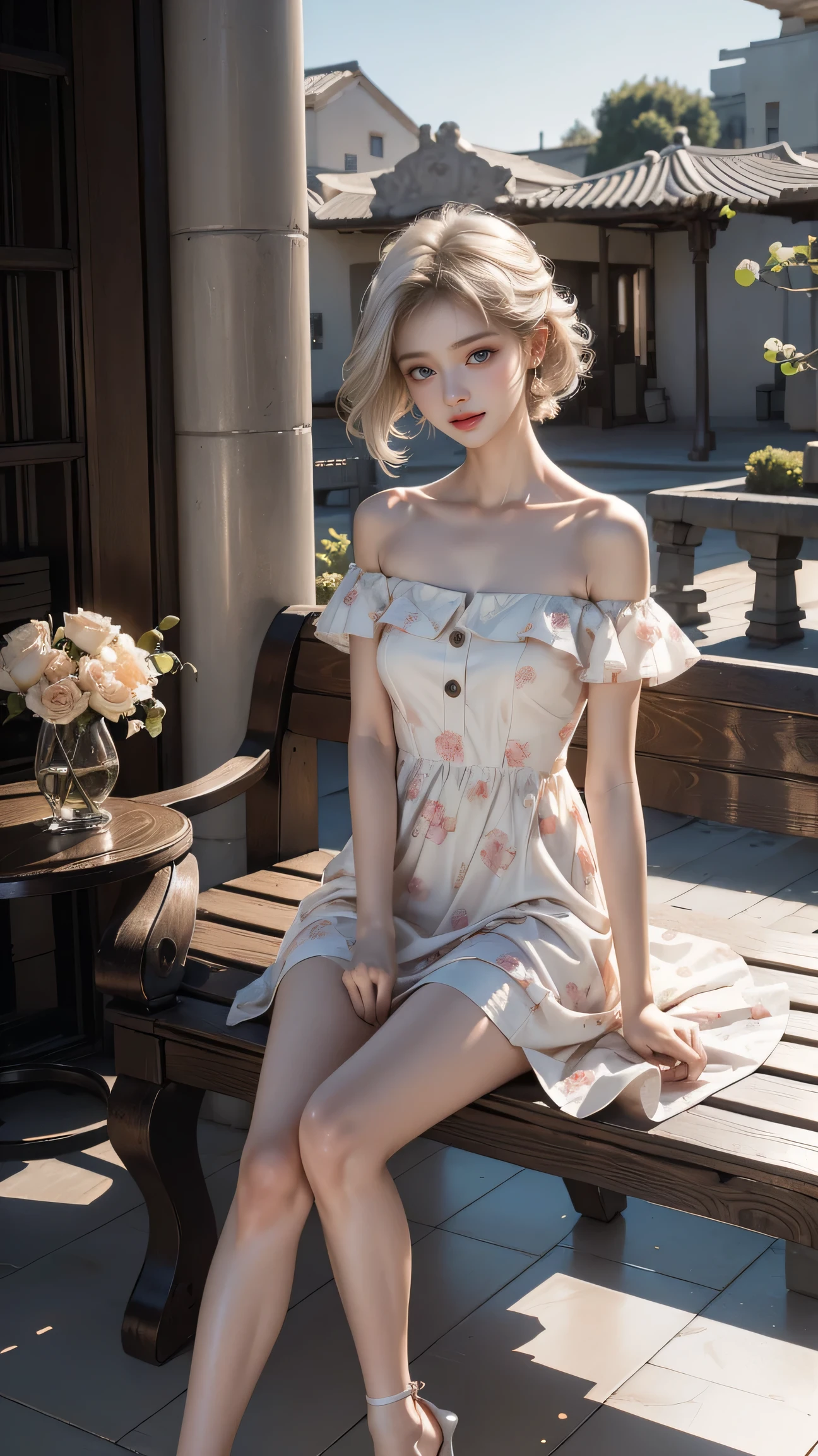 ((A woman sitting on a bench on the balcony of an ancient city)),(Sitting with legs crossed),(Long legs)、(White high heels)Heterochromia of the iris,Silver-haired,High resolution free,(Semi-transparent off-the-shoulder white floral dress)、(Wind blows my skirt)、Highest quality works,Actual work,Ultra Premium Graphics,8K HD CG Works,High Quality Graphics,High-definition CG works,10x pixels,Extremely fine detail:1.1,Advanced Technical Details:1.1 Photorealistic,Natural light:1.5、((Golden White Short Hair))、(Bob Hair)、Thin eyebrows、High nose、Nice red lips、Rose Cheeks、Face with Subtle Makeup、Cute Face、Perfectly balanced face、()、Bright Toned Foundation Enhances Skin Transparency。、、(Off-the-shoulder white floral dress)). 40k、photograph、Tabletop、Highest quality、((1 Beautiful Eyes、bright hair、White skin、 Mr.々Pose。((Medium chest、:1.1))、Highest quality、Tabletop、Ultra-high resolution、(Real:1.4)、RAWphotograph、(Perfect Figure)、(slim:1.3)、Slim abdomen、Perfect slim figure、Dynamic Pose、one person、Cold light 12000K、Very detailed face and skin texture、Fine particles、Realistic eyes、Beautiful Fine particles、(Real skin)、Charm、Ultra-high resolution、surreal、Very detailed、