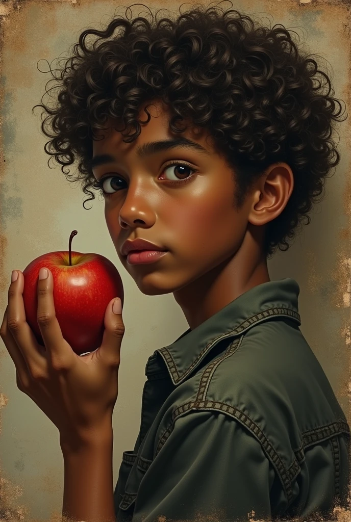 A brown-skinned boy with darker skin with curly hair holding an apple and in the background a book cover vampire "a vampire in love" realistic older teenager and lighter skin very old older than 18