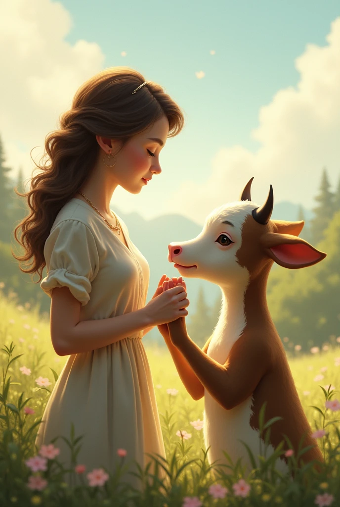 A woman touching an anthropomorphic cow