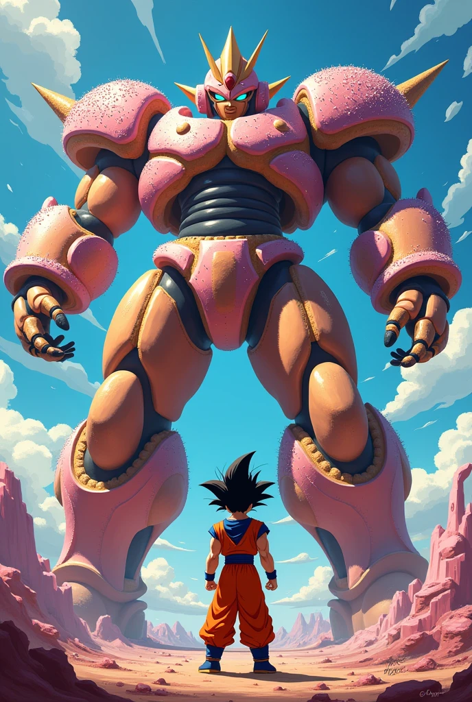 Goku fighting a giant robot made of donuts