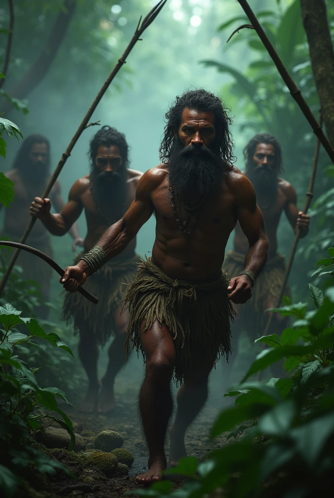 ( photo realism 1.2) photo realistic high detailed 4 aborigines hunter hunting with spear in the jungle dark background Malaysia jungle smoke effect dramatic view cinematic view dusk