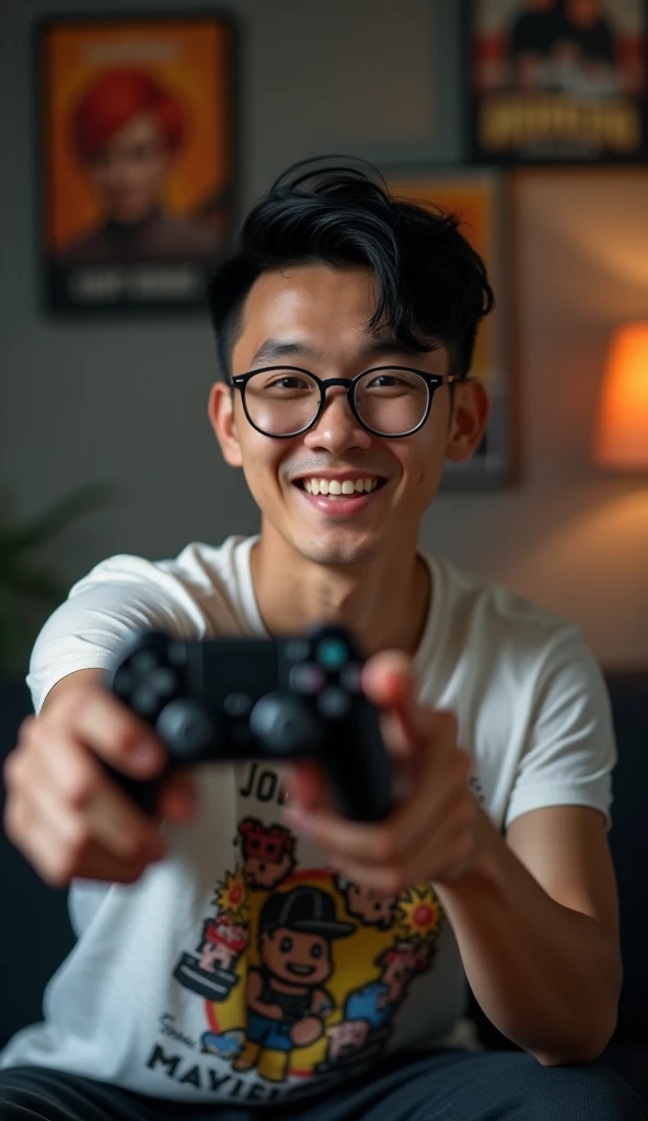 photorealistic, best quality, masterpiece, extremely detailed, ((side view)), 30 year old thai man, no facial hair, glasses, wearing 8bit graphic tshirt, holds out a video game console controller towards camera, gentle smile, sitting on couch, in masculine bedroom, movie posters on the wall, extremely romantic atmosphere, perfect face, perfect fingers, perfect hands, perfection