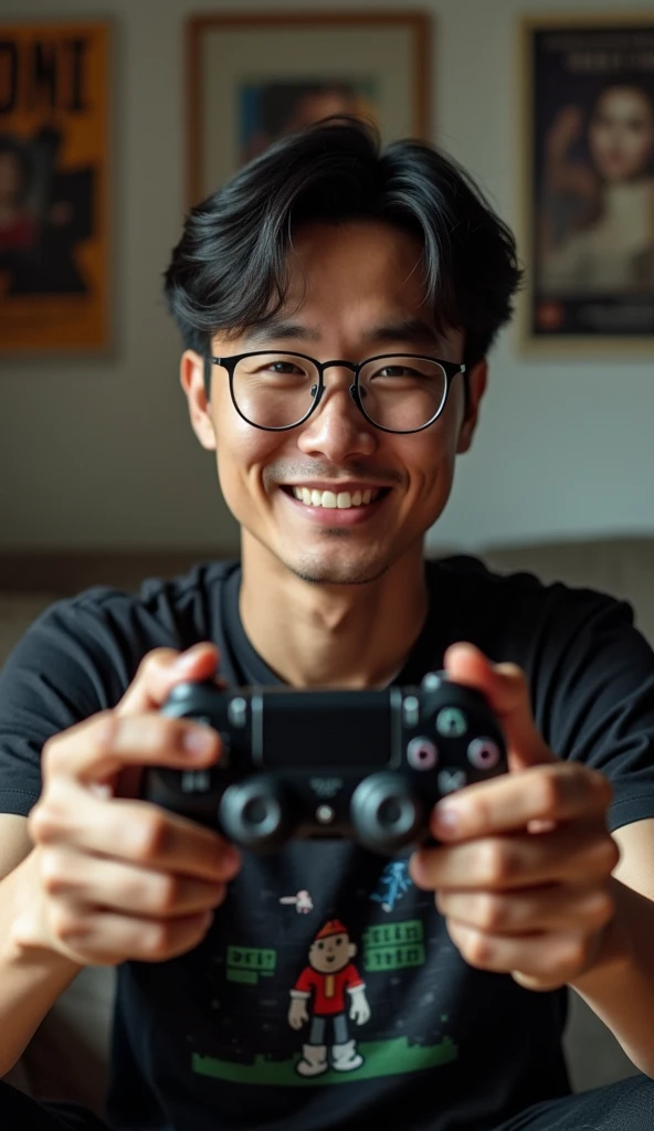 photorealistic, best quality, masterpiece, extremely detailed, ((side view)), 30 year old thai man, no facial hair, glasses, wearing 8bit graphic tshirt, holds out a video game console controller towards camera, gentle smile, sitting on couch, in masculine bedroom, movie posters on the wall, extremely romantic atmosphere, perfect face, perfect fingers, perfect hands, perfection