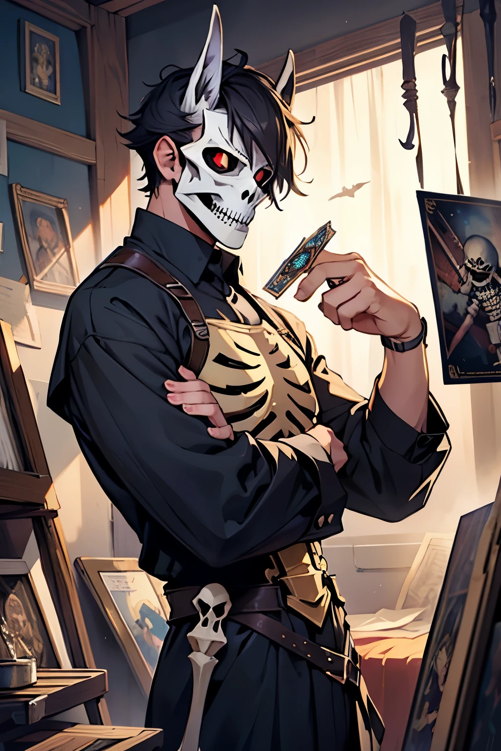 （Best quality at best，Masterpiece artwork），1 boys，detailed short hair，llama，Sheets，obtained mechanic，tarot cards，The demons，Skeleton mask，Bustness