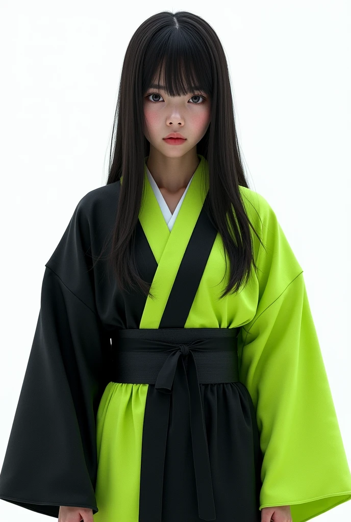 Japanese age girl in domination black and highlighter green kimono, chest length hair flowing straight down, ultra hd, 4k, very realistic, body pose straight in front of camera, bright white background, waist angle,