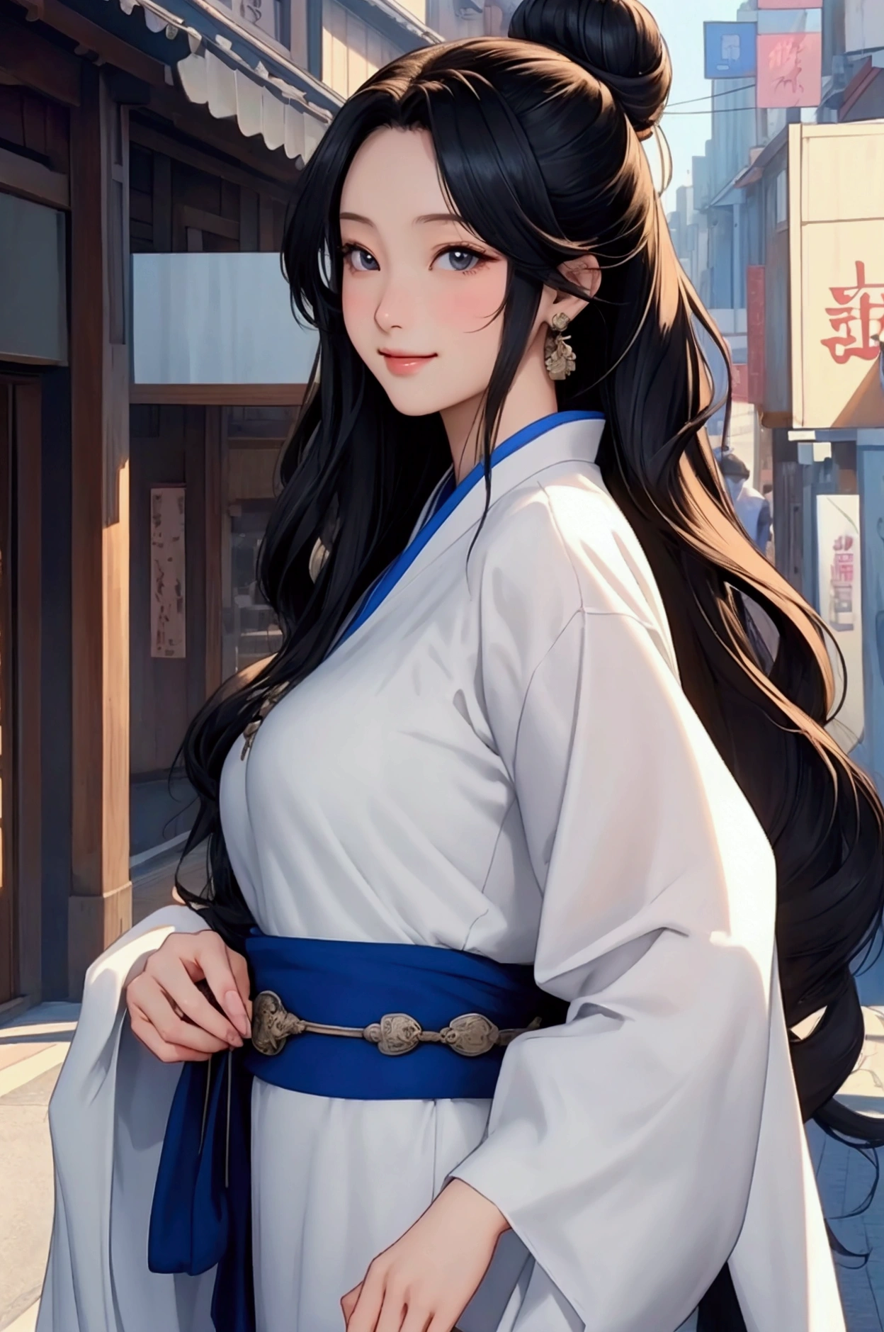 ( High resolution、 Super detailed)、masterpiece、Highest quality、High resolution、8k、Realistic skin texture、 Amazing clarity、Detailed Anime、15-year-old female、Beautiful Face、Beautiful Face、Pretty lips、Ample breasts、Balanced style、Hair styled in a bright-colored round bun、Smiling eyes、Hanfu、Walking、Buildings from the Tang Dynasty、Old city streets of China、Cowboy Shot、Detailed Animeアート、Detailed CG、