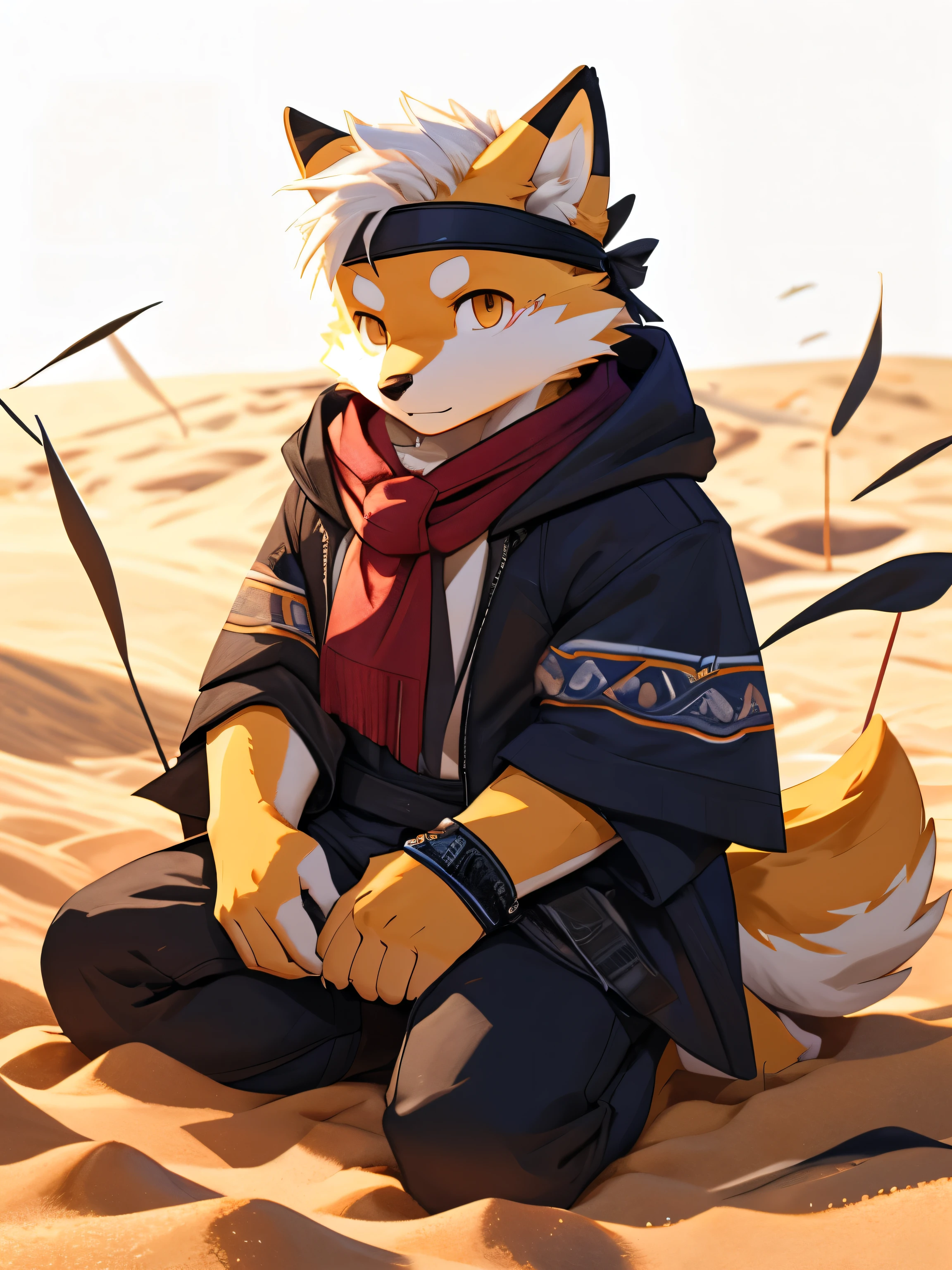 nj5furry,kemono,full-length portrait,anthro,hi res,male,White hair,Sand-colored fox,Headband,bandage,Brown scarf,strong,Fluffy hair,Plush paw,A tail,Delicate eyes,Detailed eyes