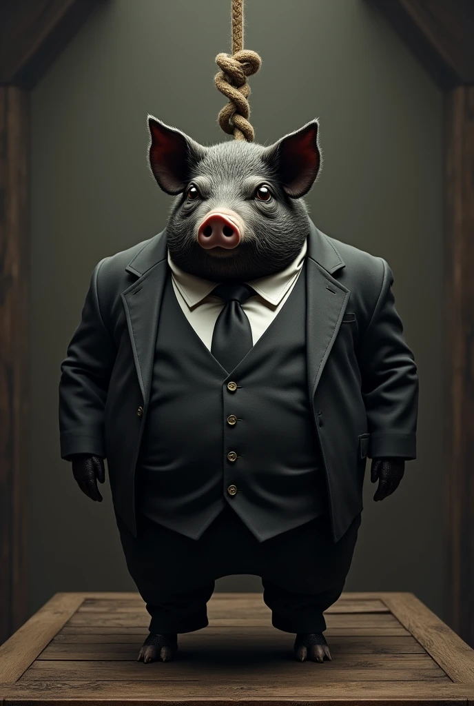 Fat black pig in a formal suit, ready to be hanged