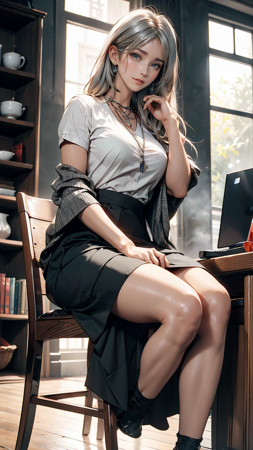 She is sitting on a chair wearing a black dress., Korean female fashion model, Transparent grey skirt, mesh shirt, Chrome Clothing, Shiny silver, It&#39;s lucky that, Big Breasts, Highest quality, masterpiece, Ultra-high resolution, Realistic,choker、Silver accessories on the wrist